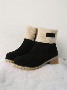 Botas de invierno de plataforma media pantorrilla para mujer, estilo europeo y americano, tacón grueso, botas de nieve de piel sintética, talla grande, otoño/invierno, fiesta - Negro - Ver 8