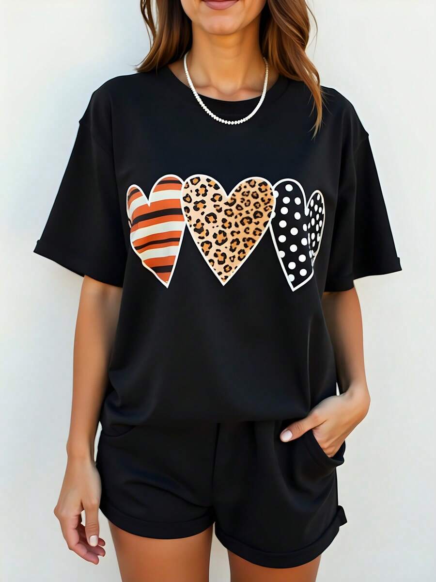 Camiseta de Mujer 180g Estilo Casual de Verano, T-Shirt Negra de Algodón con Cuello Redondo y Mangas Cortas, Diseño Original de Corazones con Estampado Animal Print, Rayas y Lunares - Ideal para Cualquier Ocasión. - Negro - Ver 1