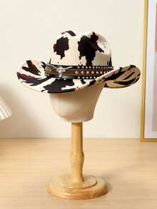 1pc Unisex Polyester Cow Print Cowboy Hat - Leather Rivet & Cow Skull Accent, Ideal For Riding, Outdoor Trips, Cowboy Parties & Daily Wear - Multicolor - View 3