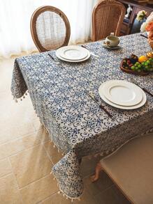 1 szt. Vintage Elegancki Niebieski I Biały Porcelanowy Drukowany Obrus Z Frędzlami, Prostokątny Wzór Kwiatowy Na Stolik Kawowy, Pokrowiec Na Szafkę Nocną, Wystrój Domu, Nadaje Się Do Jadalni, Imprezy, Święta Dziękczynienia, Uroczystości, Na Zewnątrz, Ogród, Kemping Jesienią