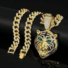 Men's Shiny Cuban Chain Necklace, Miami Style Silver Plated Gold Plated Shiny Necklace, Hop Necklace - 虎-B-金色 - 查看 3