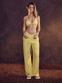 Glamine Summer Beach Plain Halter Triangle Bikini Set With Beach Skirt