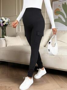 Maternity Black Slim Cargo Pants With Abdominal Support Design, High Stretch Knit Fabric, Elastic Waist, Ruffle Ankle Hem Decor, Comfortable For Daily Work, Casual And Home Wear Spring - Black - View 7