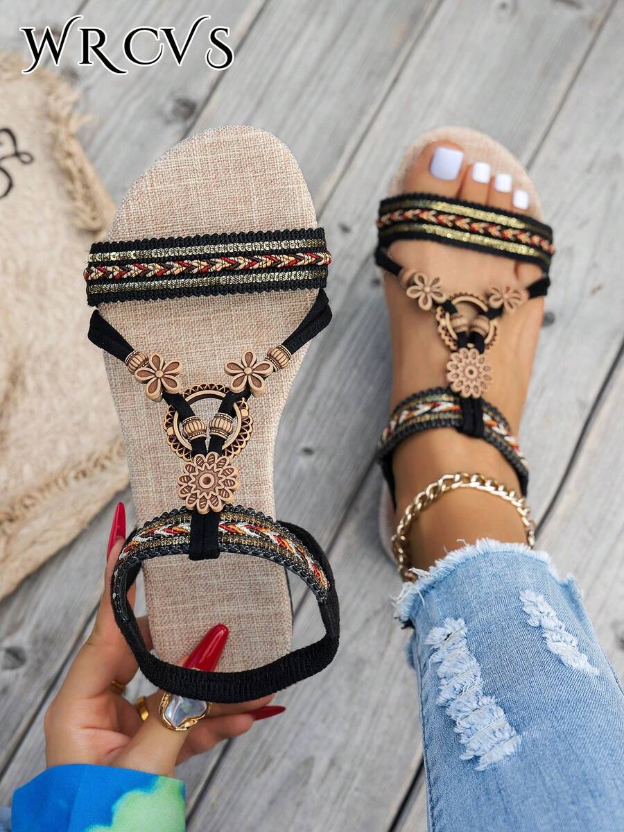 WRCVS 女士黑色平底凉鞋，夏季一脚蹬轻便休闲编织串珠复古波西米亚风度假户外凉鞋