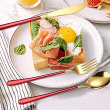 6 Pieces 18/8 Stainless Steel Flatware Set Portable Reusable Cutlery Set Travel Utensils Set Including Chopsticks Knife Fork Spoon Straws Cleaning Brush Dishwasher Safe (Red Golden)