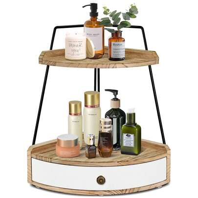 Organizador de baño de 2 niveles, bandeja de madera con cajón, estante de esquina para cosméticos, bandeja de tocador, especiero de cocina, organizador de estación de café, organizador de cocina y almacenamiento.