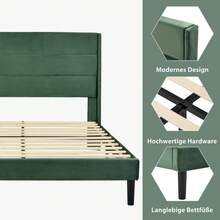 Upholstered Bed 140 X 200 Cm, Bed Frame With Slatted Frame & Headboard, Upholstered Double Bed, Textile Cover Velvet In Dark Green, Timeless Modern Design, Youth Bed