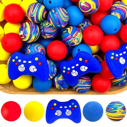 25pcs Silicone Beads Loose Beads Game Controller Red And Blue Silicone Beads Suitable For Jewelry Decoration Accessories, Used As Earrings, Necklace, Bag Chain, Phone Strap, Makeup Brush Keychain DIY Kit Making Supplies, Perfect For Mother'S Day Gift, Father'S Day Gift, Holiday Gift, Birthday Gift