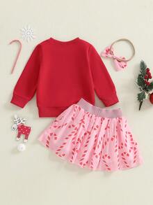 Toddler Baby Girls Skirt Set Letter Embroidery Long Sleeve Pullover Santa Claus Pattern Tulle Skirt And Headband 3Pcs Outfit - Red - View 7
