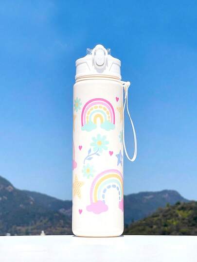 1pc800ml白色卡通印花可爱吸管杯-大容量运动水杯便携水瓶-学生学校户外运动水瓶供学生返校使用