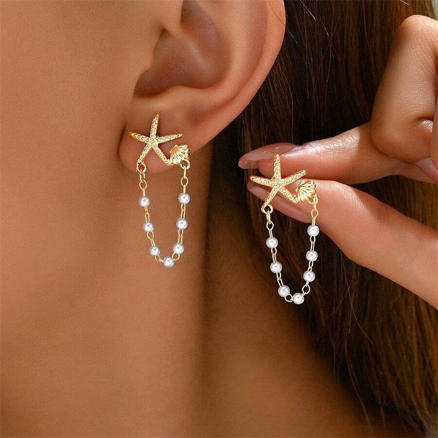 1 Pair Sweet Fresh Starfish & Shell Faux Pearl Design Earrings For Women, Suitable For Gathering, Party, Gift & Daily Wear - Gold - View 1