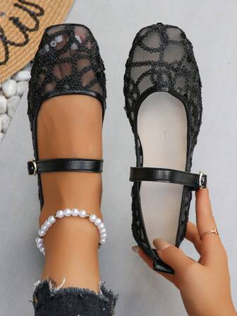 Summer New Fashion Versatile Mary Jane Black Hollow Out Mesh Breathable Flat Women's Shoes, Casual Wear, Comfortable, Strap Embroidery , Soft Sole Ballet Flat, Random Pattern Design