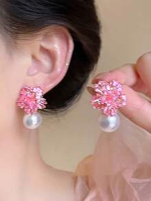 topshiny 1 对优雅奢华水钻雪花仿珍珠耳环，夸张法式新娘耳环，适合女士，适合派对和日常佩戴 - 粉色 - 查看 3