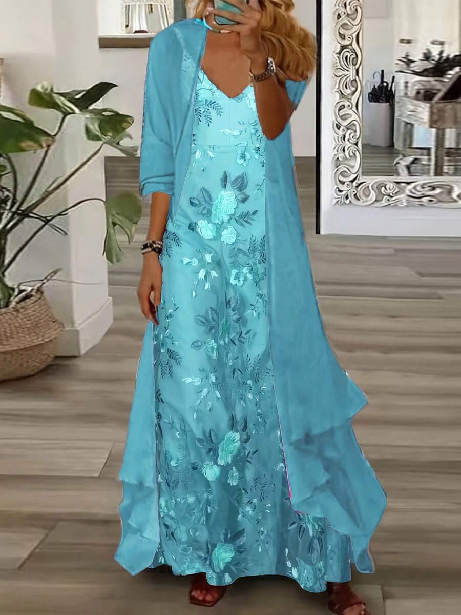 女士花卉印花两件套：无袖连衣裙和七分袖开衫，四季优雅风格 - 薄荷藍 - 查看 1