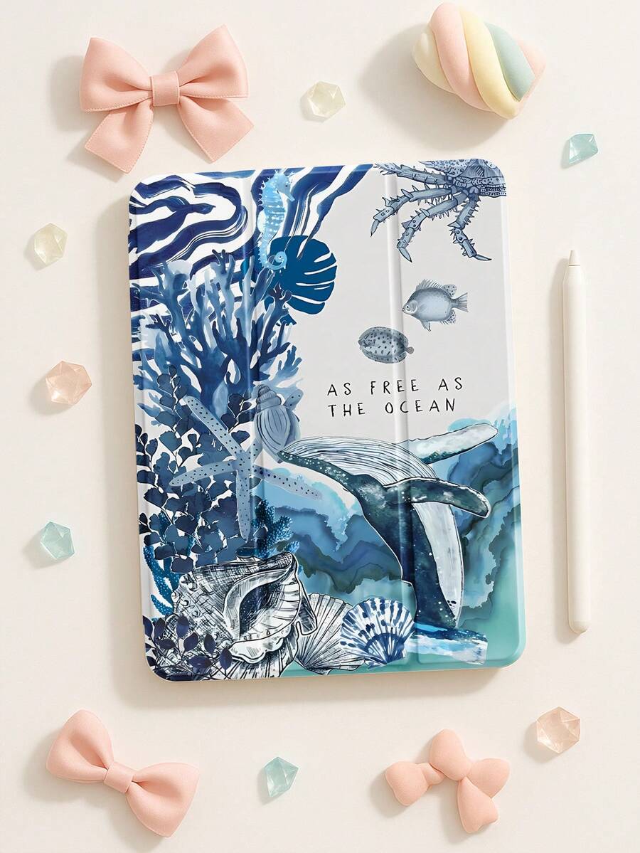 Cute Blue Crab, Whale And Shell Pattern Shock-Resistant Protective Case For 7th, 8th, 10th Generation (10.2 Inch), Built-In Pencil Slot, Sleep/Wake Function, Ideal For Holiday And New Year Gifts - Multicolor - View 1