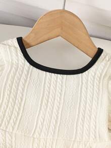 Baby Girls Cute Square Neck Jacquard Flared Long Sleeve Waisted Dress, Suitable For Autumn/Winter, Warm And Homewear