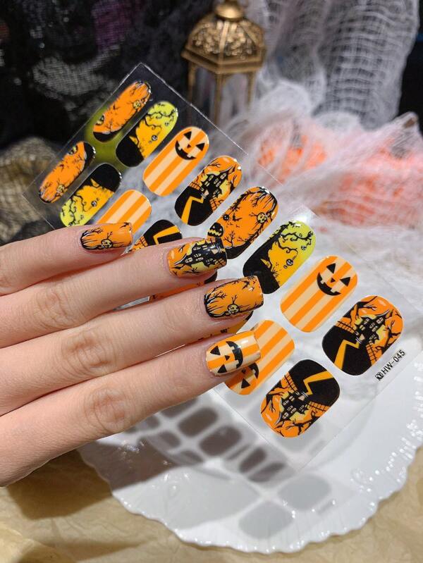1pc/2pcs Halloween Nail Stickers Spooky & Cute Designs! Pumpkin, Bat, Haunted House Motifs. Easy To Apply Just Stick & Go. Perfect For Halloween Parties, Costumes. Instantly Upgrade Your Nails No Salon Needed! DIY Halloween Nail Art Stickers Fun, Festive Designs! High Quality Adhesive, Stays Put.Create Spooky Nails In Minutes Perfect For Trick Or Treating, Events.