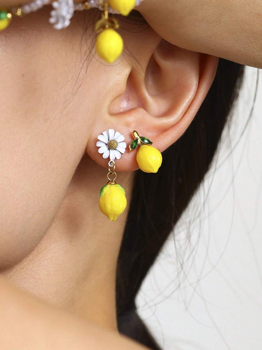 1 Pair Daisy Resin Lemon Drop Earrings, Stainless Steel Fresh Fruit Jewelry, Women's Summer Gift, Summer Accessories - Gold - View 1