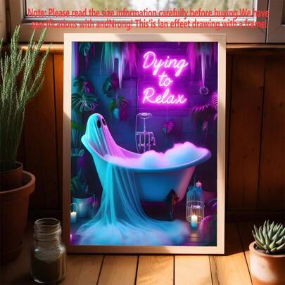 1 stuk, Halloween-huisdecoratie, verlangen naar ontspanning - Neonreclame badkamercanvasprint, spookschilderij in badkuip, neon spook badkamerbord, gotische decoratieve wanddecoratie, wandkunst, posters, Halloween-wanddecoratie - canvasmateriaal (optioneel frame)