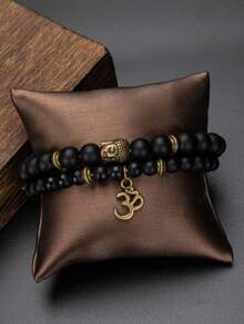 1/2pcs Unisex Adjustable Synthetic Turquoise Glass Beaded Bracelet Set, Versatile Daily Wear