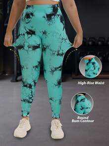 1 件女式加大码高腰性感健身运动瑜伽弹力速干瘦身紧身裤，多功能骑行打底裤扎染绿色紧身裤