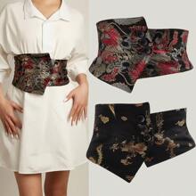 Chinese Style Wide Waist Belt, Traditional Dragon Pattern Waistband For Skirts