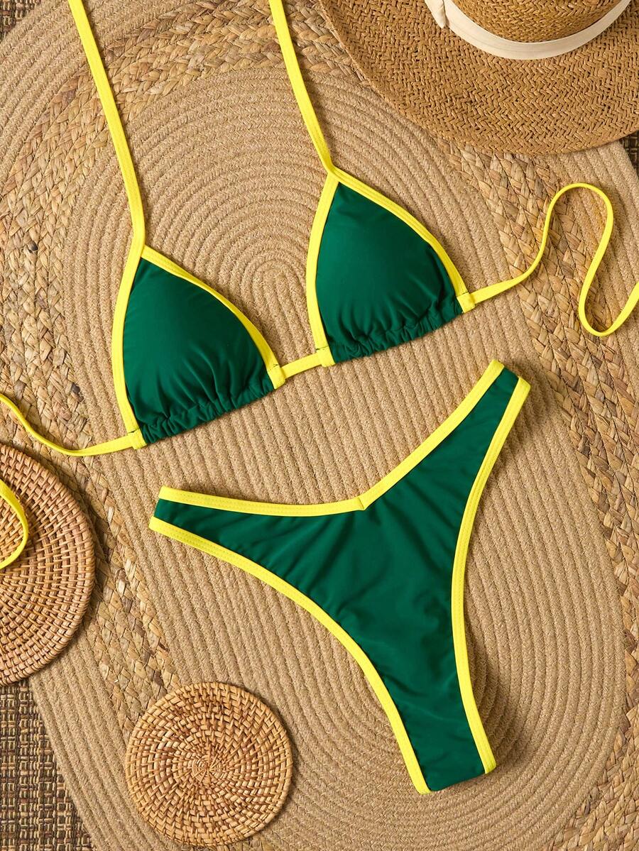 Bikini con cuello en V y parte delantera anudada, con bloques de color, sexy para mujeres, ideal para la playa y vacaciones de verano - Verde - Ver 1