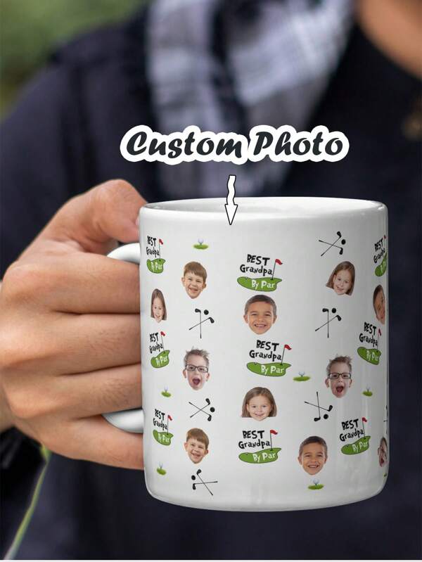 1pc Personalized Photo Golf Dad Mug 11oz 300ml White Ceramic Coffee Cup – Custom Kids Faces, "Best Dad By Par" Design – Unique Father's Day Gift, Birthday Present Or Christmas Surprise For Golf Loving Dad