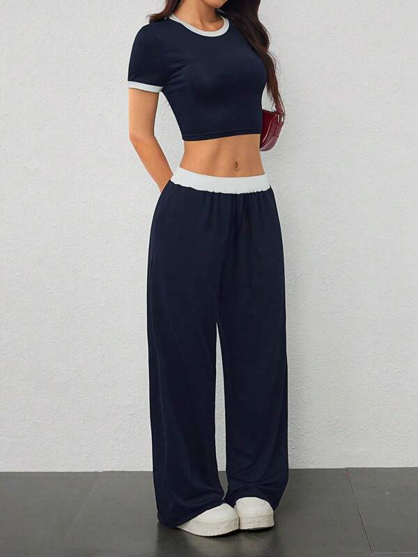 Teenager Trainingsanzug Set, kontrastfarbenes Slim Fit Crop Top mit Rundhalsausschnitt und Hose, stilvoller Sportanzug