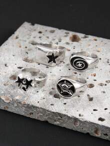 4pcs/Set Punk Hip Hop Star Ring Set For Men, Daily Wear, Party, Music Festival - Silver - View 4