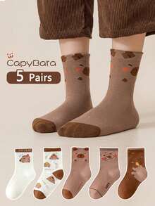 5 Pairs Kids Socks With Cute Capybara Pattern, Mid-Calf Length, Suitable For All Seasons - Multicolor - View 3