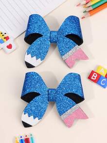 8pcs/2pcs Back To School Colorful Glitter Bow Hair Clips,Pu Leather Pencil School Supplies Hair Bows,Glittery Hair Accessories For Girls Party Gifts - Multicolor - View 9