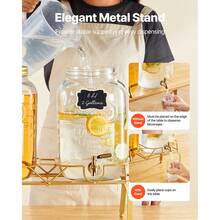 Beverage Dispenser, 2 Pack 2 Gallon Drink Dispensers For Parties, Glass Juice Dispenser With Metal Stand, Stainless Steel Spigot, Infuser, Iced Tea Lemonade Juice Water Dispensers For Parties - Glass 2x 2 Gal - 查看 5