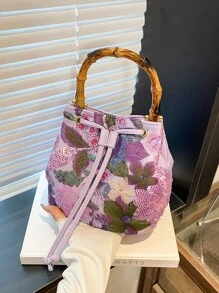 High-End Sequin Bamboo Bucket Bag New Niche Women's Bag Summer Popular Embroidery Straw Woven Crossbody Bag