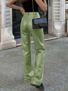 MYOURSA 高腰仿皮直筒裤，舒适优雅，适合日常穿着和派对场合，绿色 - 綠色 - 查看 2