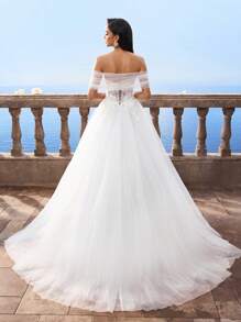 HEARBOBO 露肩白色订婚性感网眼 A 字形婚纱新娘带拖尾 - 白色 - 查看 3