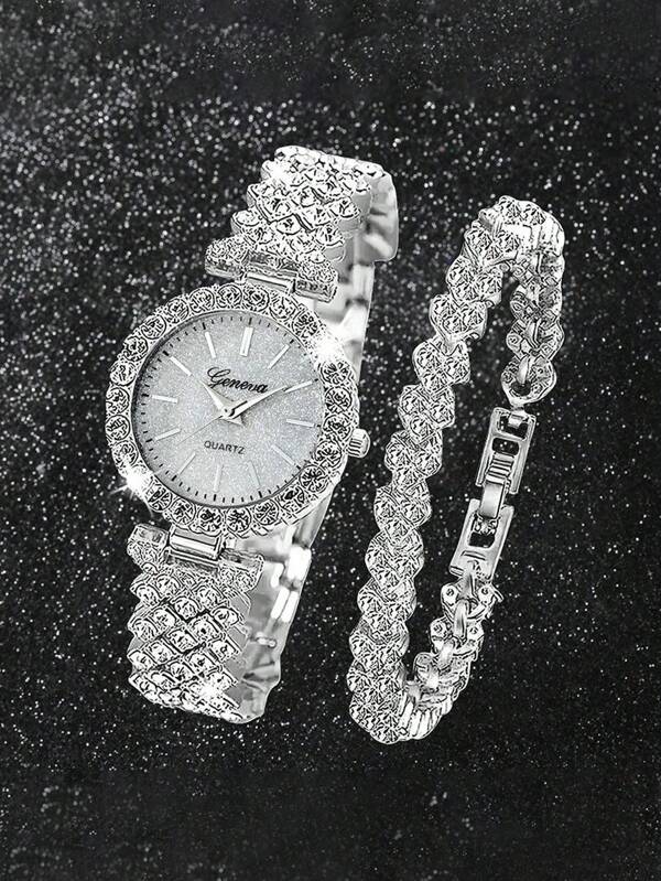 2 piezas Conjunto de reloj de moda casual con esfera romana y diamantes completos, con accesorios de joyería - Set de pulsera con strass de moda como regalo para fiesta, boda, playa, día festivo o pareja