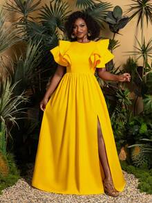 Faeriesty TribalChic Plus Summer Casual Maxi Dress - Fitted Bodice With Short Ruffled Sleeves & Flowing Floor-Length Skirt For Casual Outings, Beach Days, Vacation Travel, Everyday Elegance - 黃色 - 查看 4