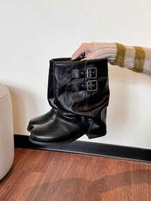2025 春季褶皱鞋帮黑色粗跟女式短款摩托车靴
