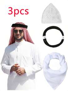 3-Piece Set Arabic Men's Headscarf, Middle East Dubai Shawl Scarf, Includes 1 Solid Bohemian Polyester Headband And 1 Hand-Knitted White Cap, Boho Style, Suitable For Middle East Travel/Arabic Outfit/Bohemian Fashion