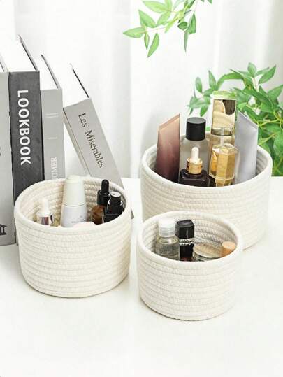 1 pezzo/3 pezzi Cestino da scrivania di colore solido, Cestini intrecciati in corda per organizzare, Cestino da scrivania rotondo intrecciato a mano, Cestino da scrivania decorativo, Cestini mini carini per cosmetici, oggetti vari, cancelleria, organizer per il bagno (3 pezzi = S + M + L) Regali per San Valentino, per il ritorno a scuola, organizzazione dello spazio