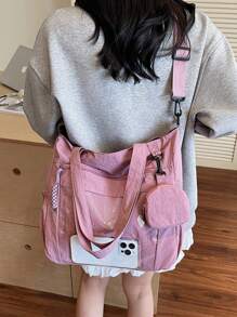 1 pieza Bolso de mujer tipo tote de nylon rosa, simple y ligero, de gran capacidad, bolso de hombro plegable, estilo universitario/escolar, con múltiples bolsillos, bolso de moda lindo con monedero.