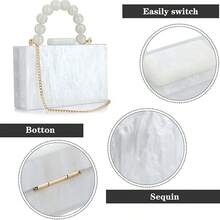 Gets Acrylic White Purses Evening Clutch Bag Marbling Handbags For Women Cross Body Bag With Pearl Chain Formal Wedding Prom Party (White) - 白色 - 查看 5