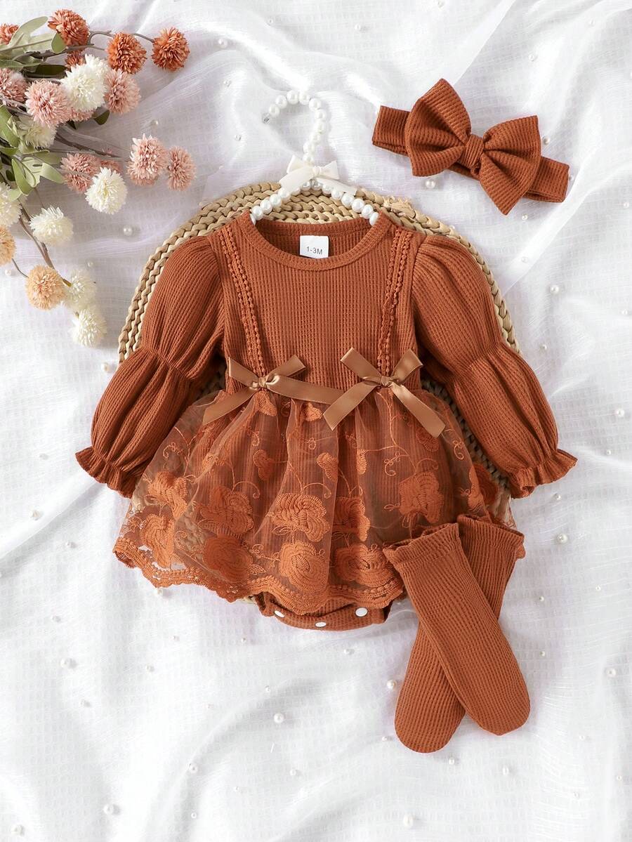 1pc Baby Girls Elegant Lace Patchwork Long Sleeve Bodysuit + Headband + Socks Set, Autumn/Winter - Brown - View 1