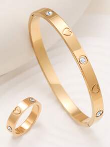 1 Set Gold Heart Design Bangle Bracelet And Thick Ring Jewelry Set, Minimalist Thick Ring Set For Women