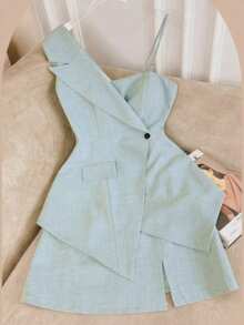 欧美时尚优雅肩带不对称上衣套装裙女士夏季两件套西装 - 薄荷綠 - 查看 1