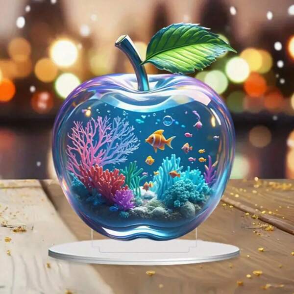 1pc 2D Sea Life Illustration Acrylic Apple Shape Desktop Decoration Creative Painted Print Design Transparent Small Desktop Decoration For Home And Office, Multi-Purpose Holiday And Daily Decoration, Great For Giving Friends And Birthday Gift Surprise