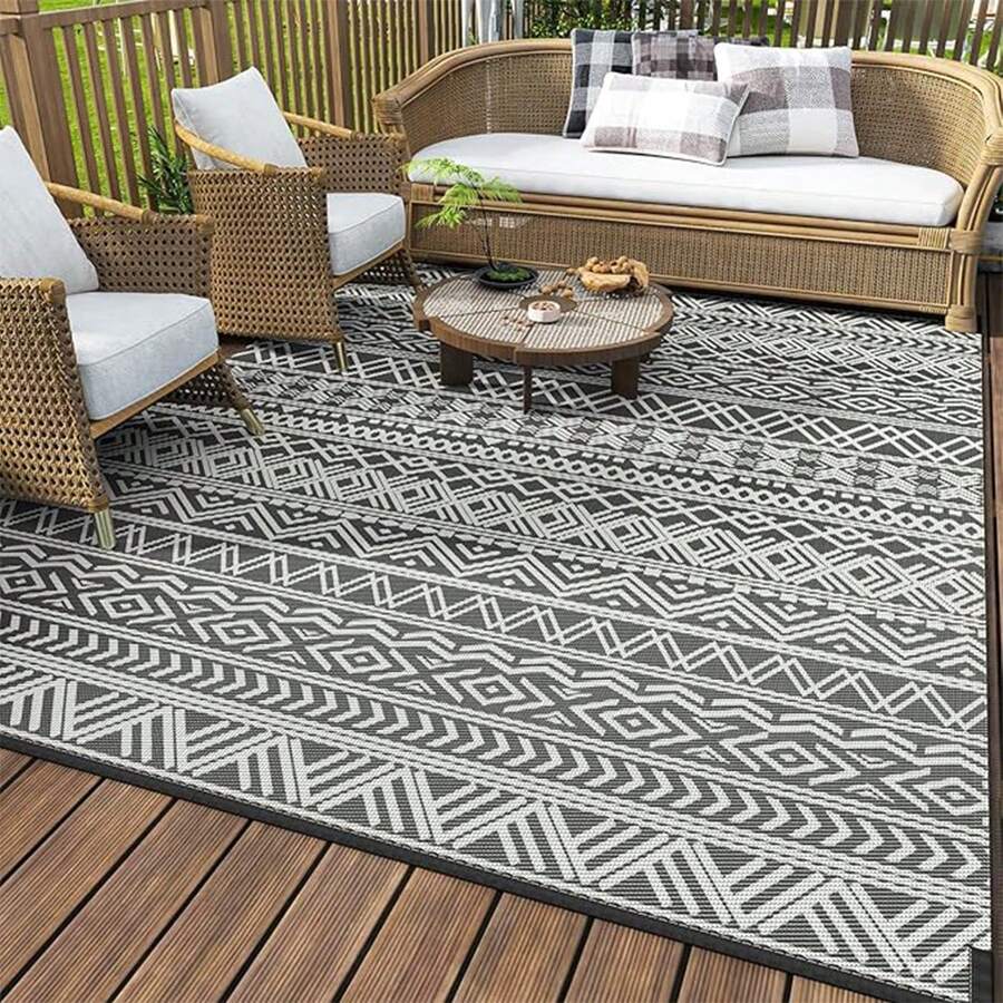 6ft X 9ft Waterproof Outdoor Rug - Durable Foldable Patio Carpet, Suitable For RV, Deck, Balcony, Backyard, Picnic, Porch, Camping, Beach, Grey & White - Gray - View 1