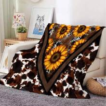 Manta de franela de felpa con estampado de vaca vintage y crisantemo de un solo lado, regalo suave, cálido y acogedor, adecuado para todas las estaciones, para usar como chal, en la cama, yoga, coche, camping, siesta en la oficina o actividades al aire libre, regalo perfecto para Navidad, Acción de Gracias o cumpleaños