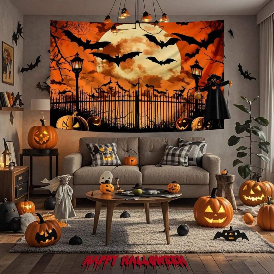 1pc Scary Halloween Hanging Banner, Bat Fly Over Graveyard Pattern Banner, Suitable For Halloween Party, Holiday Party, Home Decor, Perfect For Halloween Decoration